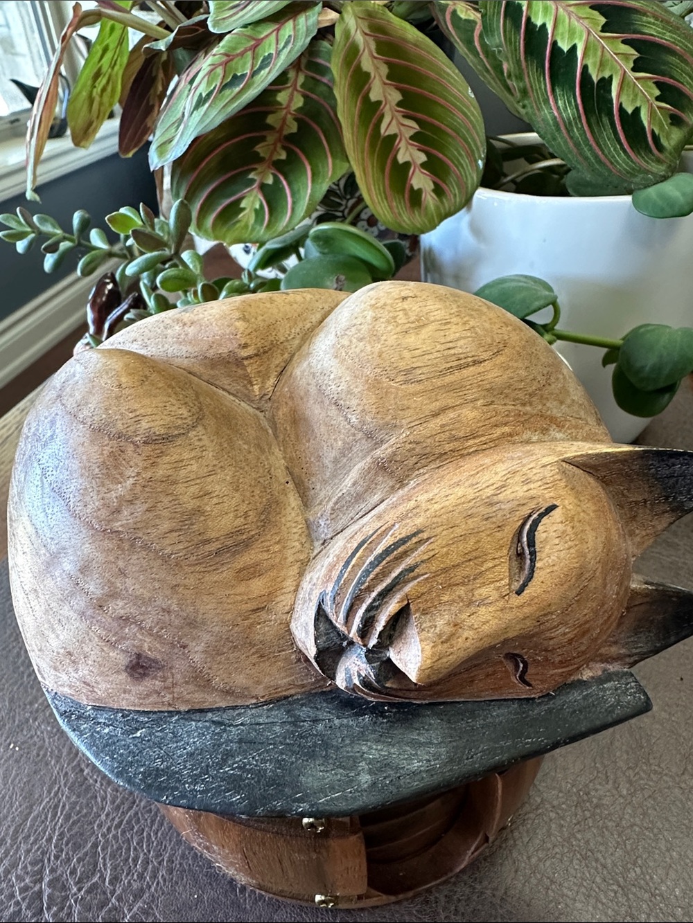 Hand-Carved Brown Sleeping Cat Sculptural Accent
